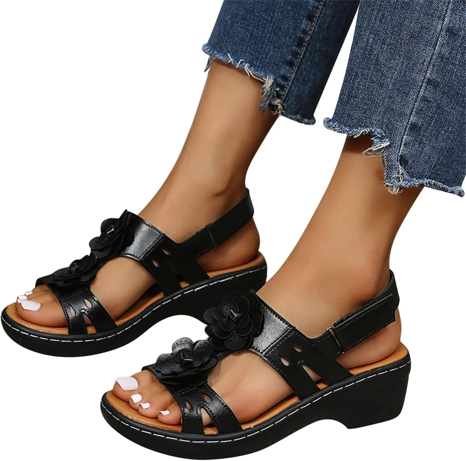 Summer Sandals For Women 2025,Women's Orthopedic with Arch Support Mid Heels Ankle Straps Open Toe Hollow Out Comfortable Flowers Sandal Dressy Womens Walking Wedges Low Heel Shoes for Daily Wear