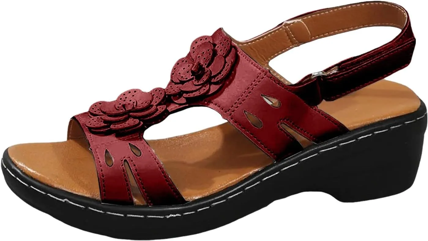 Summer Sandals For Women 2025,Women's Orthopedic with Arch Support Mid Heels Ankle Straps Open Toe Hollow Out Comfortable Flowers Sandal Dressy Womens Walking Wedges Low Heel Shoes for Daily Wear