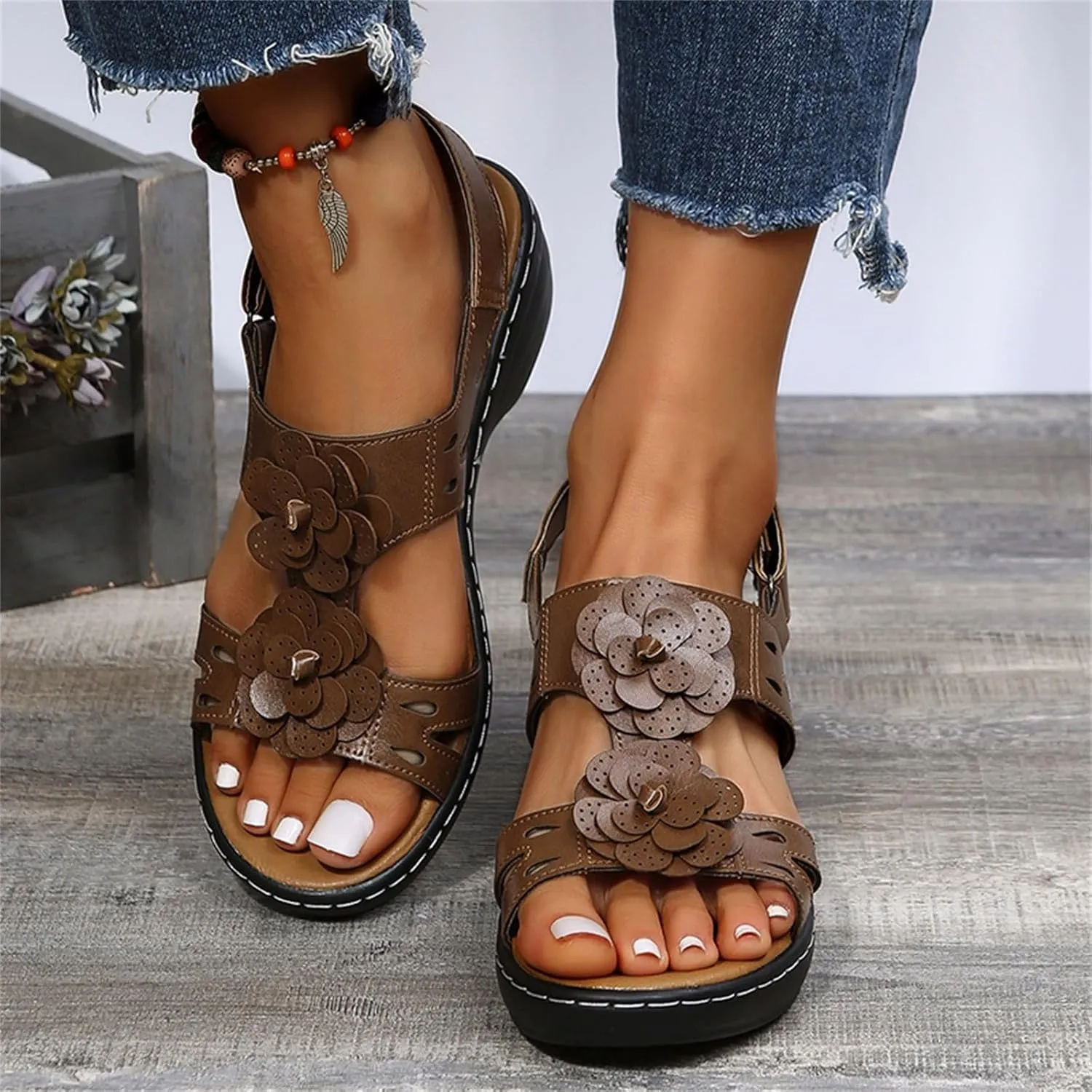 Summer Sandals For Women 2025,Women's Orthopedic with Arch Support Mid Heels Ankle Straps Open Toe Hollow Out Comfortable Flowers Sandal Dressy Womens Walking Wedges Low Heel Shoes for Daily Wear