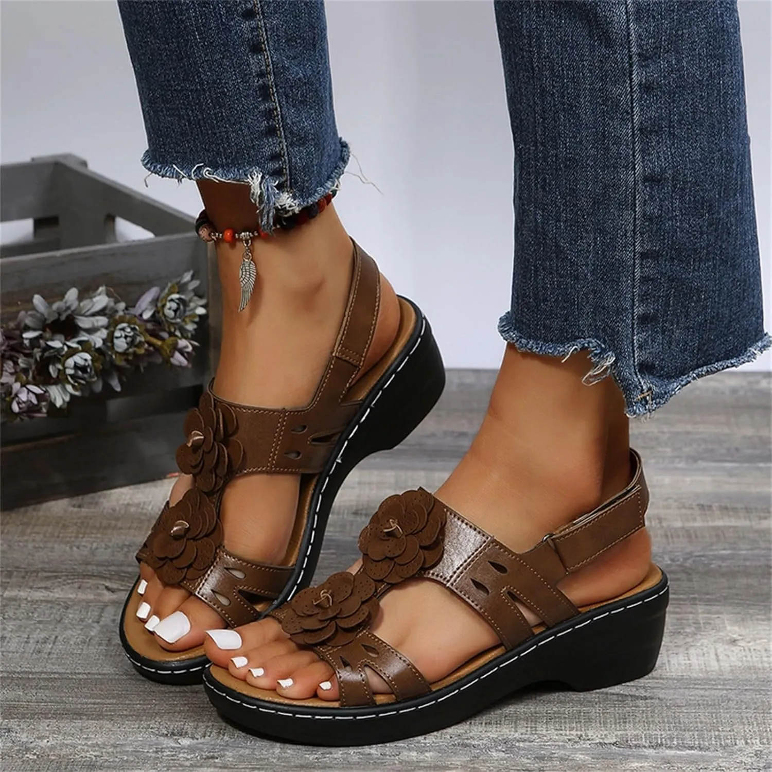 Summer Sandals For Women 2025,Women's Orthopedic with Arch Support Mid Heels Ankle Straps Open Toe Hollow Out Comfortable Flowers Sandal Dressy Womens Walking Wedges Low Heel Shoes for Daily Wear