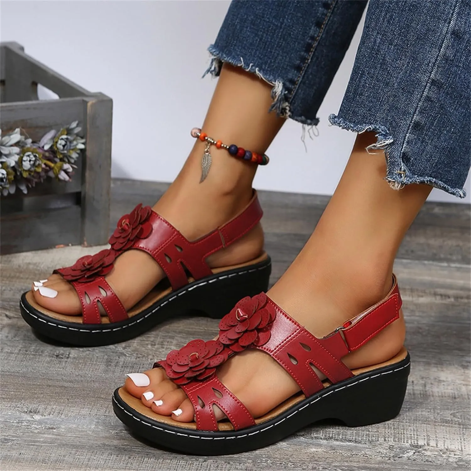 Summer Sandals For Women 2025,Women's Orthopedic with Arch Support Mid Heels Ankle Straps Open Toe Hollow Out Comfortable Flowers Sandal Dressy Womens Walking Wedges Low Heel Shoes for Daily Wear