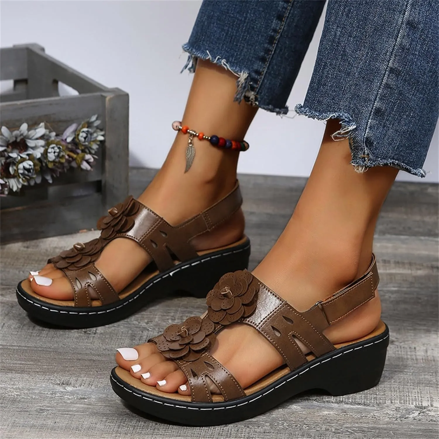 Summer Sandals For Women 2025,Women's Orthopedic with Arch Support Mid Heels Ankle Straps Open Toe Hollow Out Comfortable Flowers Sandal Dressy Womens Walking Wedges Low Heel Shoes for Daily Wear