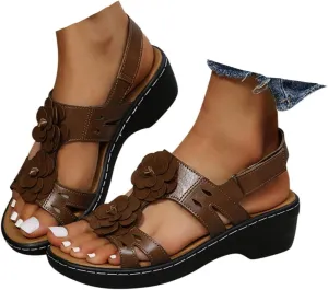 Summer Sandals For Women 2025,Women's Orthopedic with Arch Support Mid Heels Ankle Straps Open Toe Hollow Out Comfortable Flowers Sandal Dressy Womens Walking Wedges Low Heel Shoes for Daily Wear