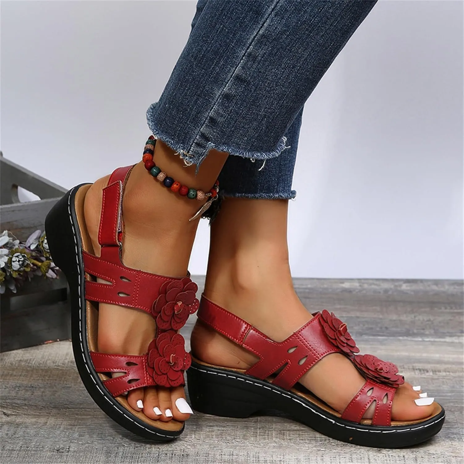 Summer Sandals For Women 2025,Women's Orthopedic with Arch Support Mid Heels Ankle Straps Open Toe Hollow Out Comfortable Flowers Sandal Dressy Womens Walking Wedges Low Heel Shoes for Daily Wear