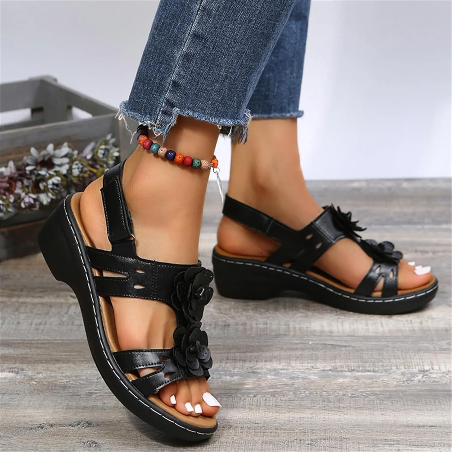 Summer Sandals For Women 2025,Women's Orthopedic with Arch Support Mid Heels Ankle Straps Open Toe Hollow Out Comfortable Flowers Sandal Dressy Womens Walking Wedges Low Heel Shoes for Daily Wear