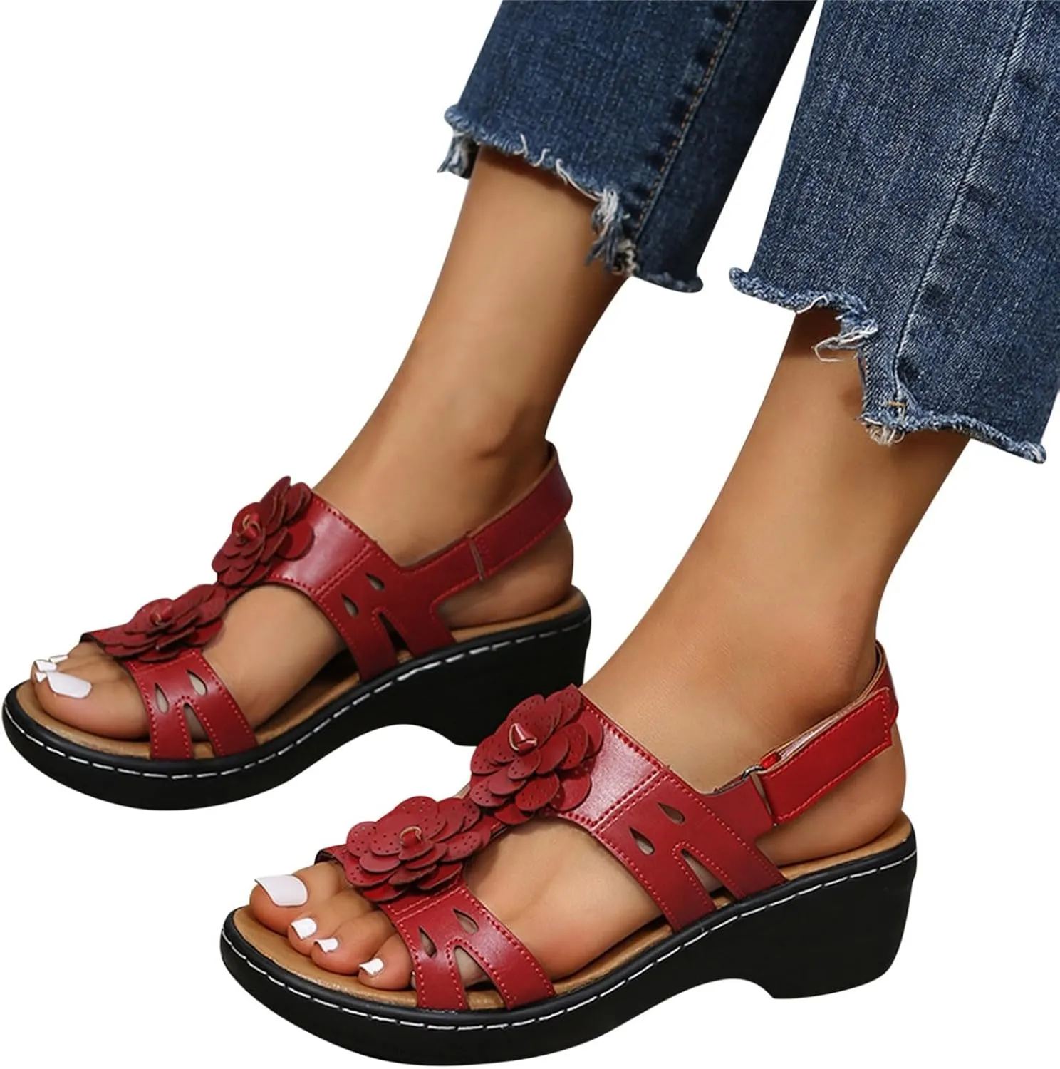 Summer Sandals For Women 2025,Women's Orthopedic with Arch Support Mid Heels Ankle Straps Open Toe Hollow Out Comfortable Flowers Sandal Dressy Womens Walking Wedges Low Heel Shoes for Daily Wear