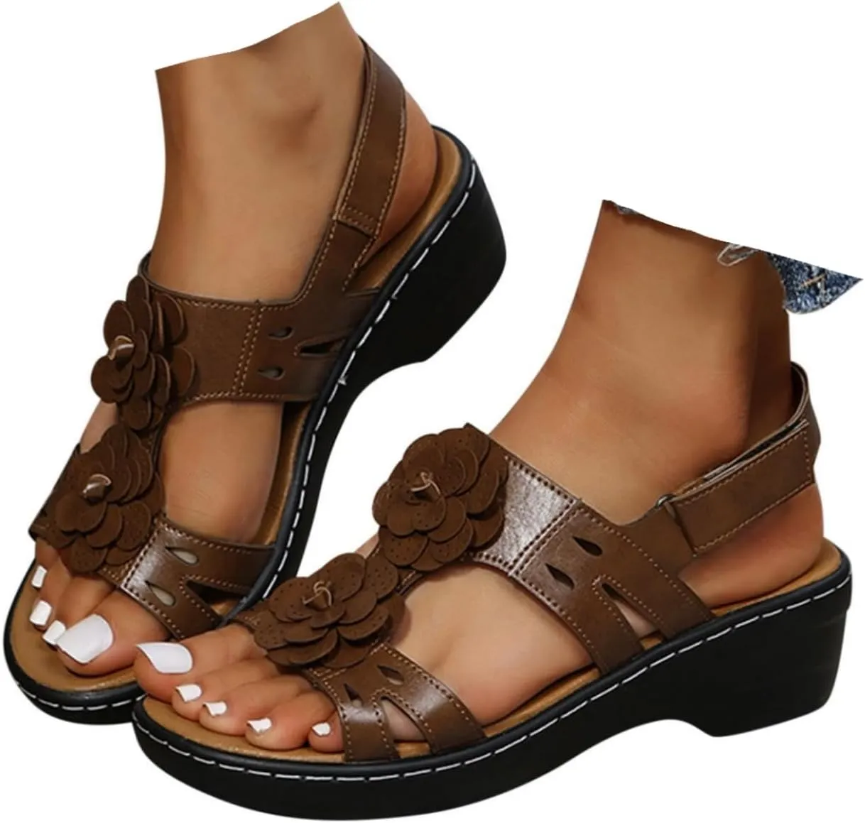 Summer Sandals For Women 2025,Women's Orthopedic with Arch Support Mid Heels Ankle Straps Open Toe Hollow Out Comfortable Flowers Sandal Dressy Womens Walking Wedges Low Heel Shoes for Daily Wear