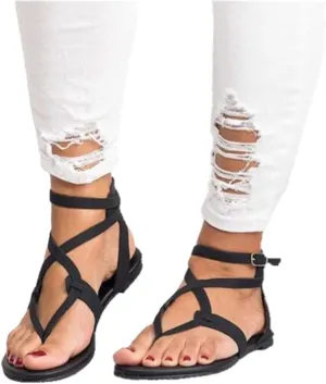 Summer Sandals For Women,Womens Strappy Flat Sandals Criss Cross Dressy Summer Clip Toe T-Strap Gladiator Beach Sandals