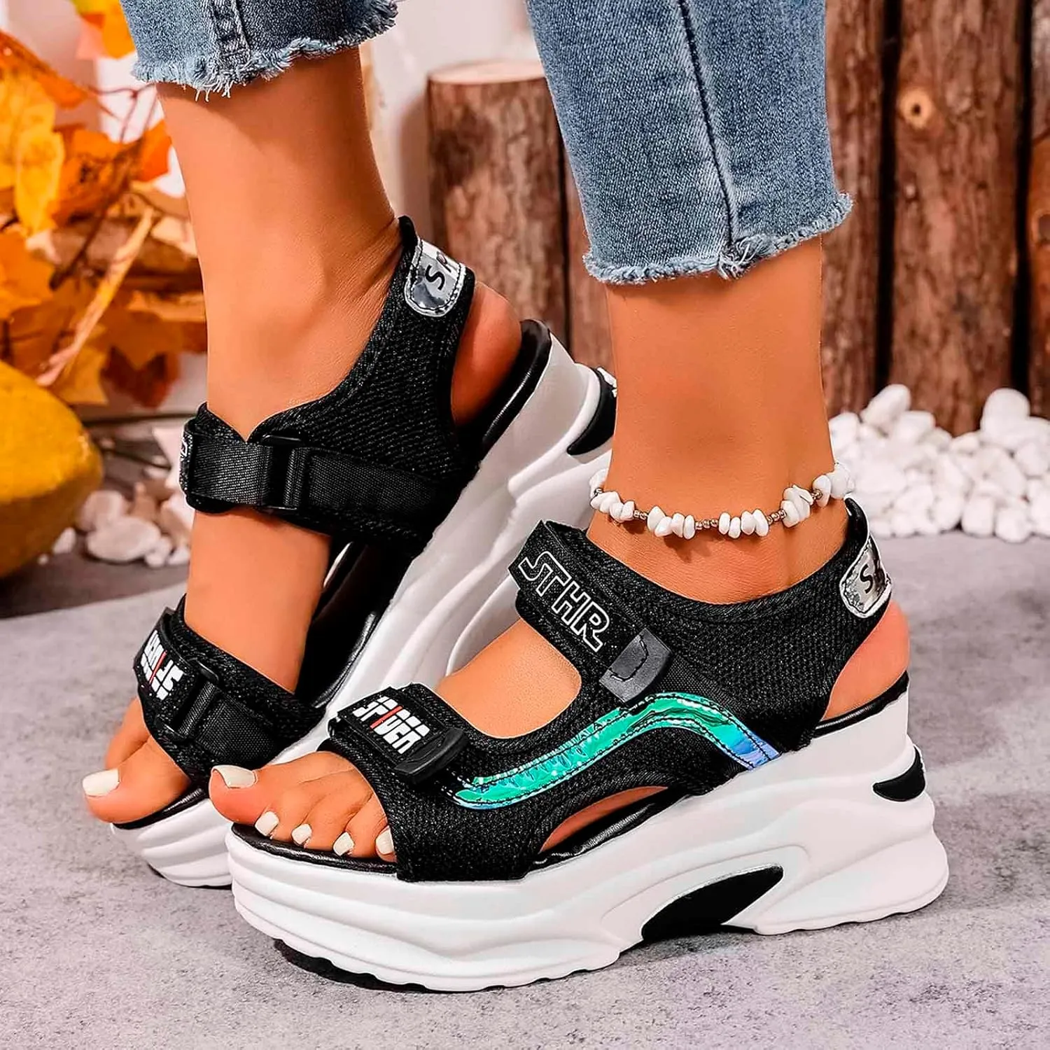 Trendy Women's Open Toe Sandals Comfortable Summer Footwear with 7.5cm Heel for Casual Outings and Beach