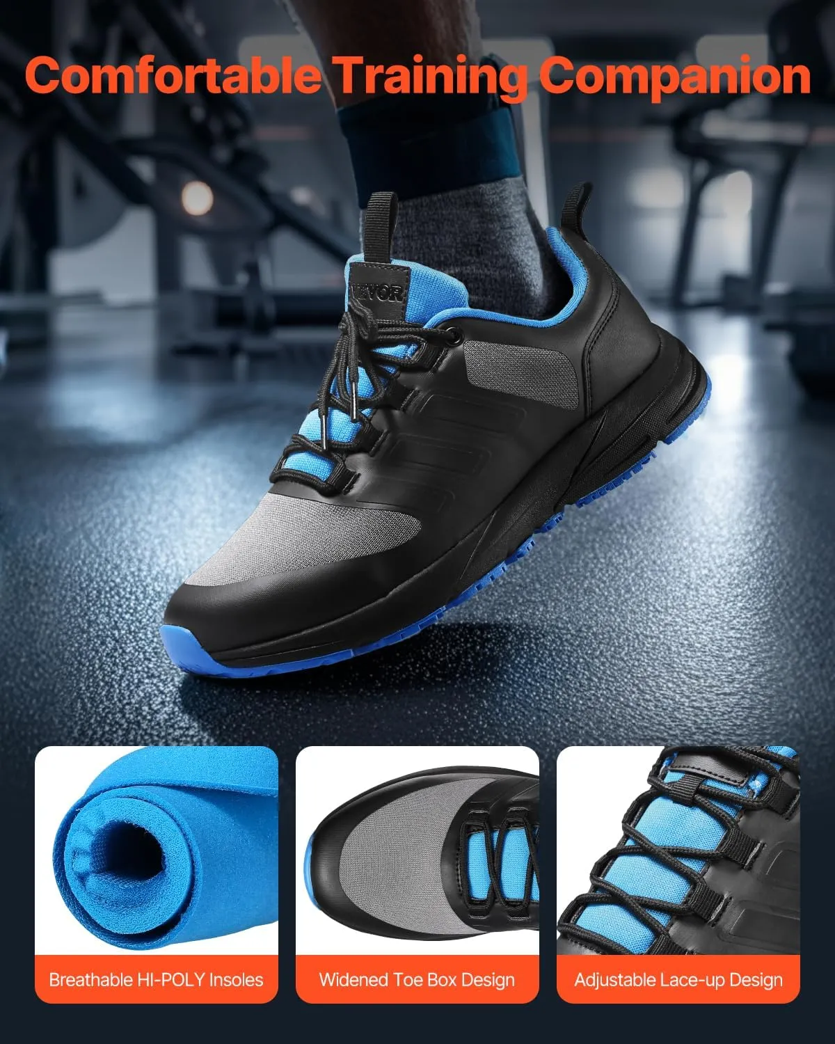 VEVOR Unisex-Adult Modern W Width Sneakers US Size 8, Wide Toe Box Arch Support & Adjustable Lace-up, Training Shoes for Running, Gymnastics, Dog Walking, and Weightlifting (Black)