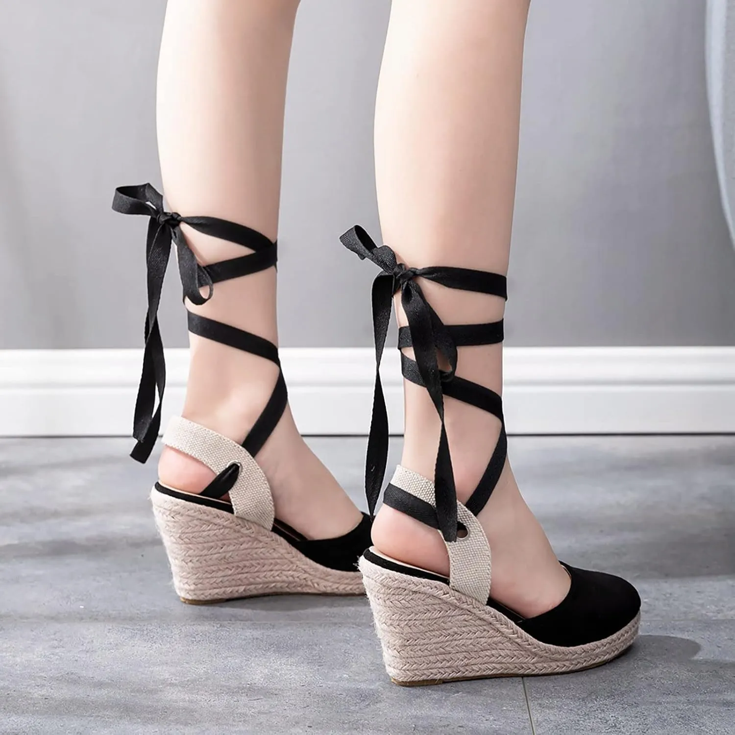 Wedge Shoes Women Bohemian Canvas Lace Up Sandals Thick Soled Ethnic Wedge Flatform Strap Shoes Sandals