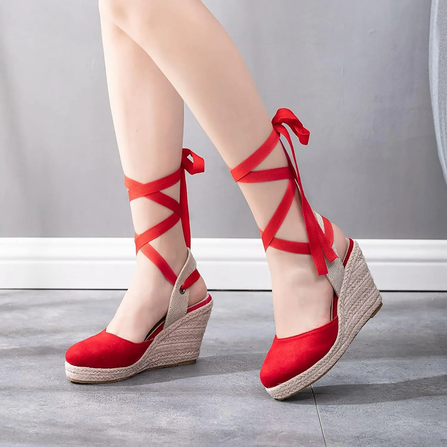 Wedge Shoes Women Bohemian Canvas Lace Up Sandals Thick Soled Ethnic Wedge Flatform Strap Shoes Sandals