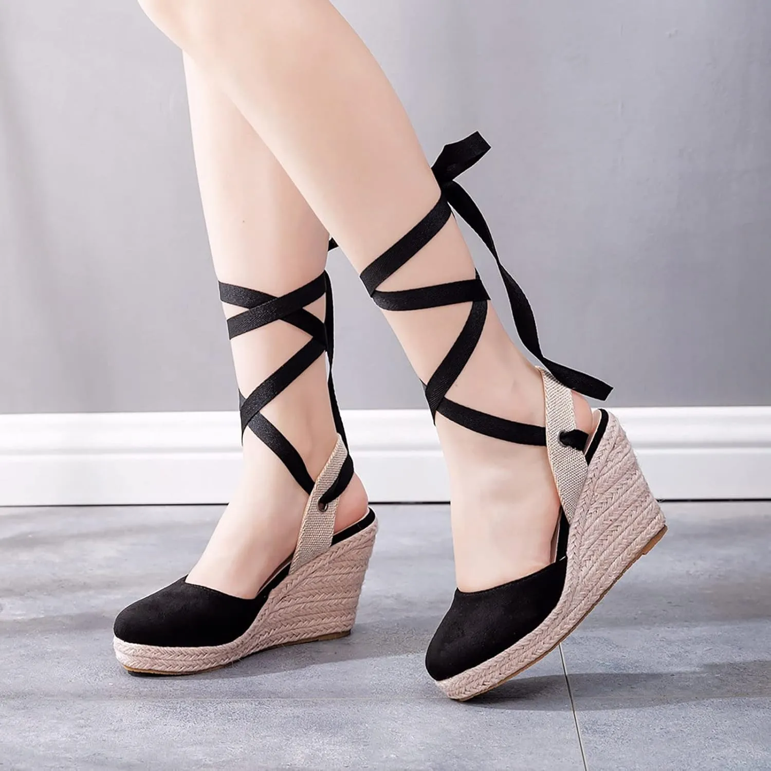 Wedge Shoes Women Bohemian Canvas Lace Up Sandals Thick Soled Ethnic Wedge Flatform Strap Shoes Sandals