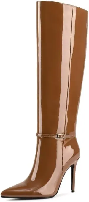 wetkiss Knee High Boots for Women, Ankle Strap Pointed Toe Tall Stiletto High Heel Boots for Women Party Gifts DressBrown-09.5