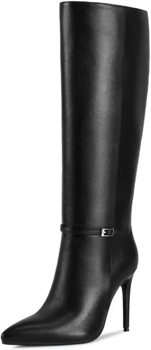 wetkiss Knee High Boots for Women with Pointed Toe, Long Faux Leather Stiletto High Heel Boots for Women, Fashion and Sexy
