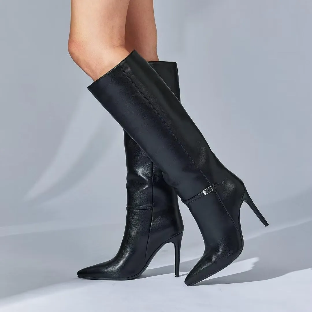 wetkiss Knee High Boots for Women with Pointed Toe, Long Faux Leather Stiletto High Heel Boots for Women, Fashion and Sexy