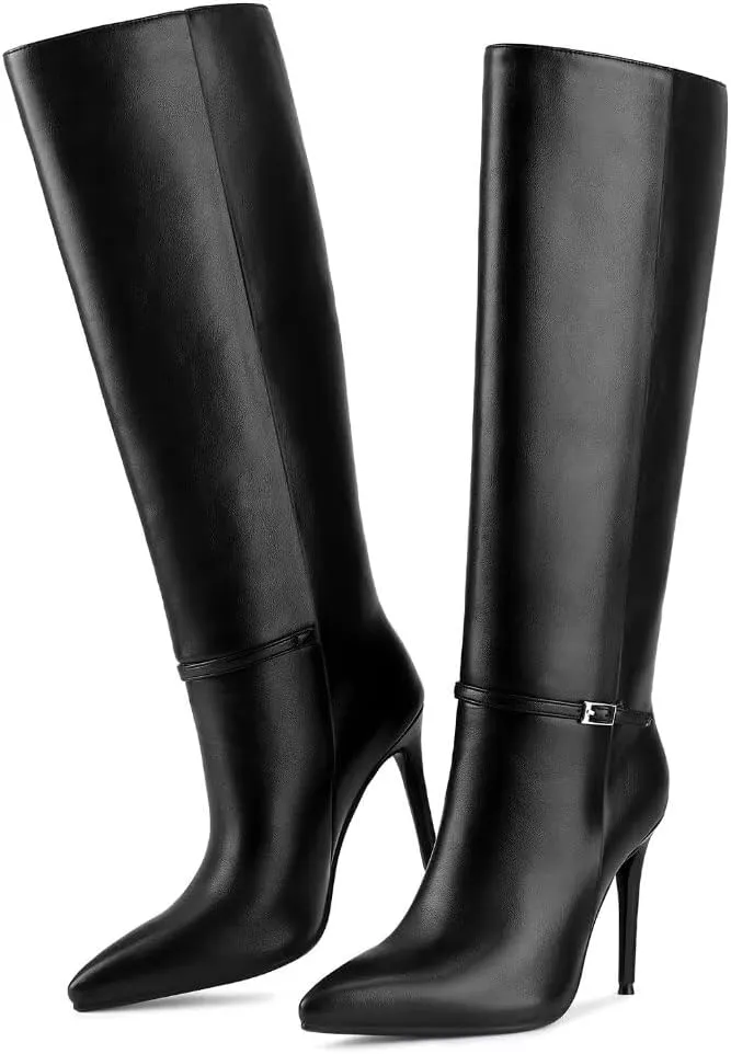 wetkiss Knee High Boots for Women with Pointed Toe, Long Faux Leather Stiletto High Heel Boots for Women, Fashion and Sexy