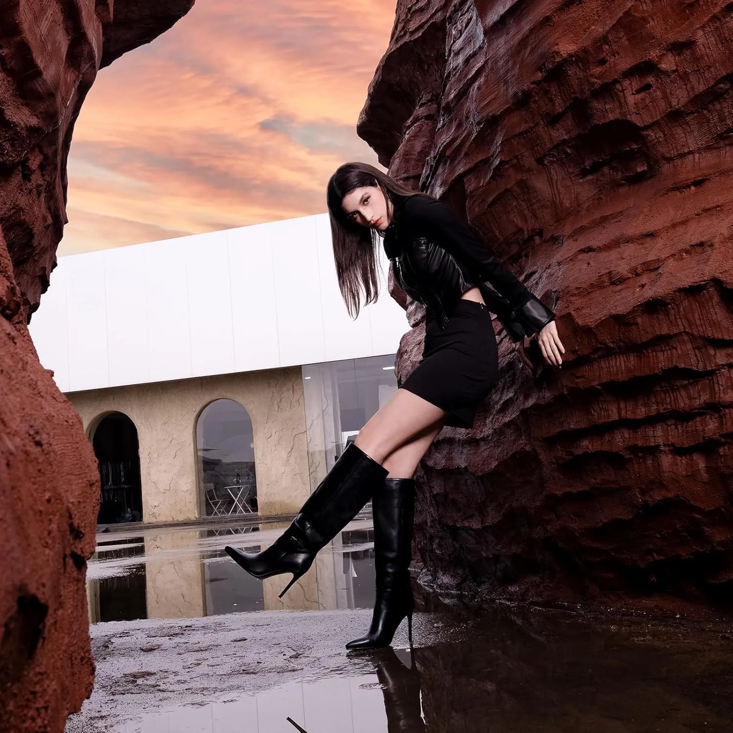 wetkiss Knee High Boots for Women with Pointed Toe, Long Faux Leather Stiletto High Heel Boots for Women, Fashion and Sexy