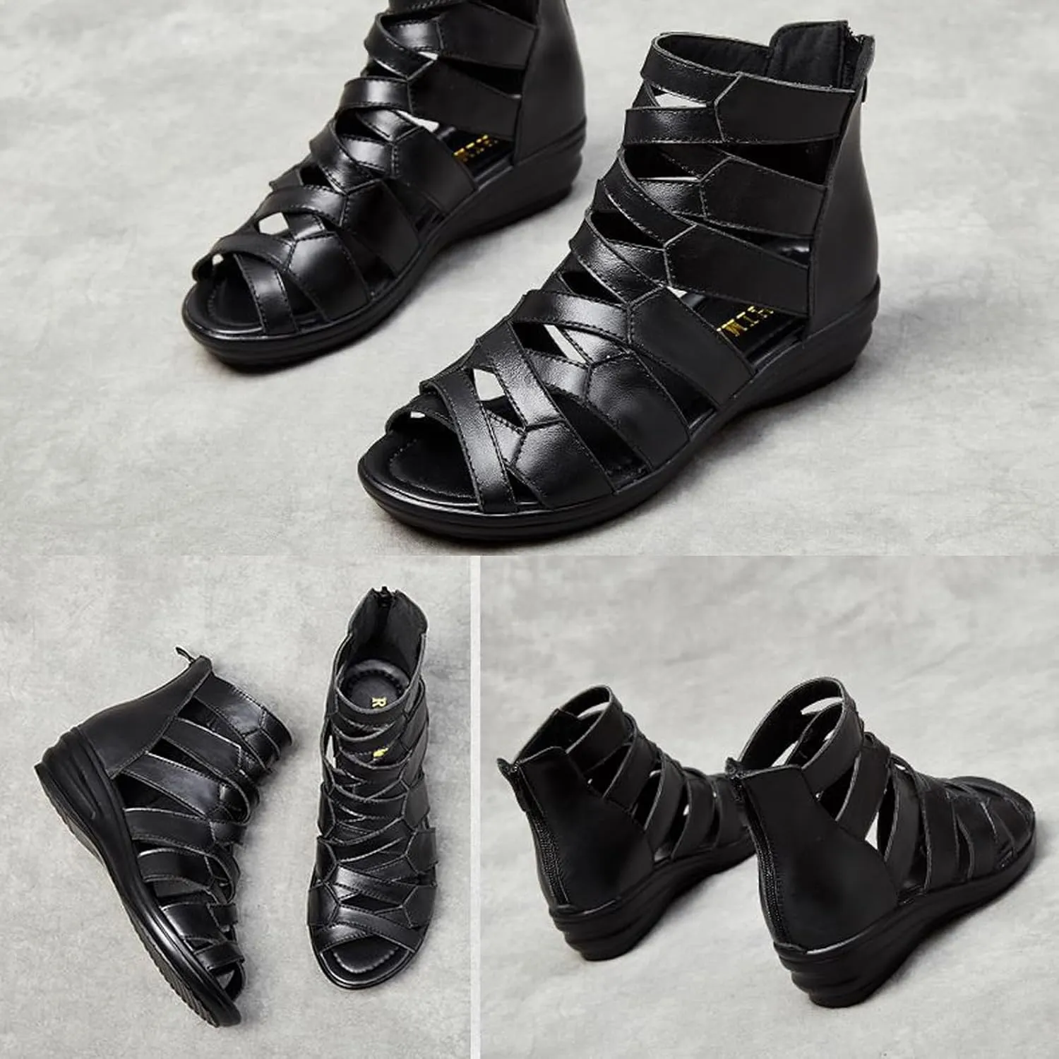 Women Black Peep Toe Gladiator Sandals,Casual Breathable Hollow Strappy Back Zipper Dressy Roman Sandals Wedge Sandals