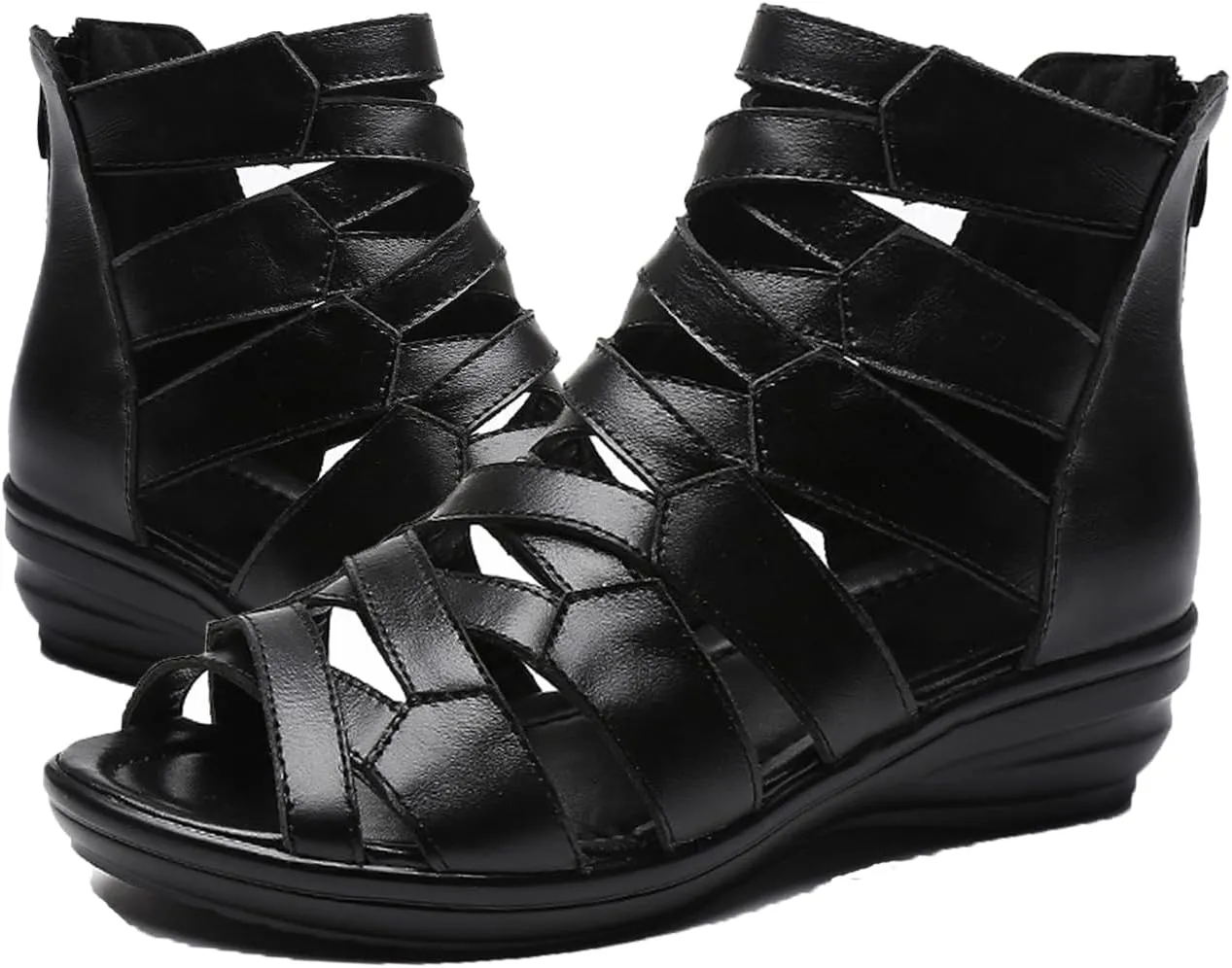 Women Black Peep Toe Gladiator Sandals,Casual Breathable Hollow Strappy Back Zipper Dressy Roman Sandals Wedge Sandals