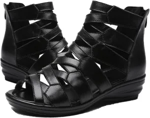 Women Black Peep Toe Gladiator Sandals,Casual Breathable Hollow Strappy Back Zipper Dressy Roman Sandals Wedge Sandals
