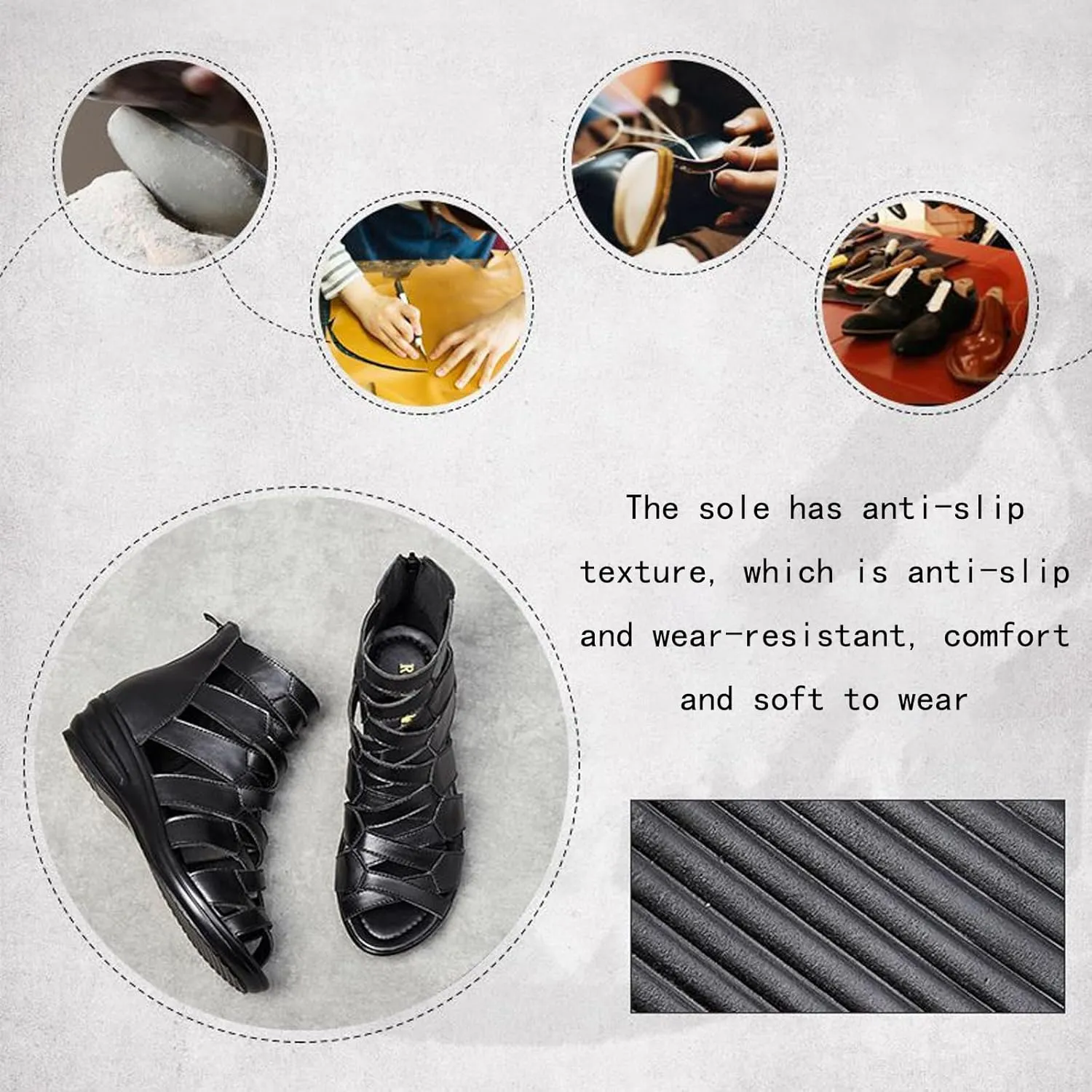 Women Black Peep Toe Gladiator Sandals,Casual Breathable Hollow Strappy Back Zipper Dressy Roman Sandals Wedge Sandals