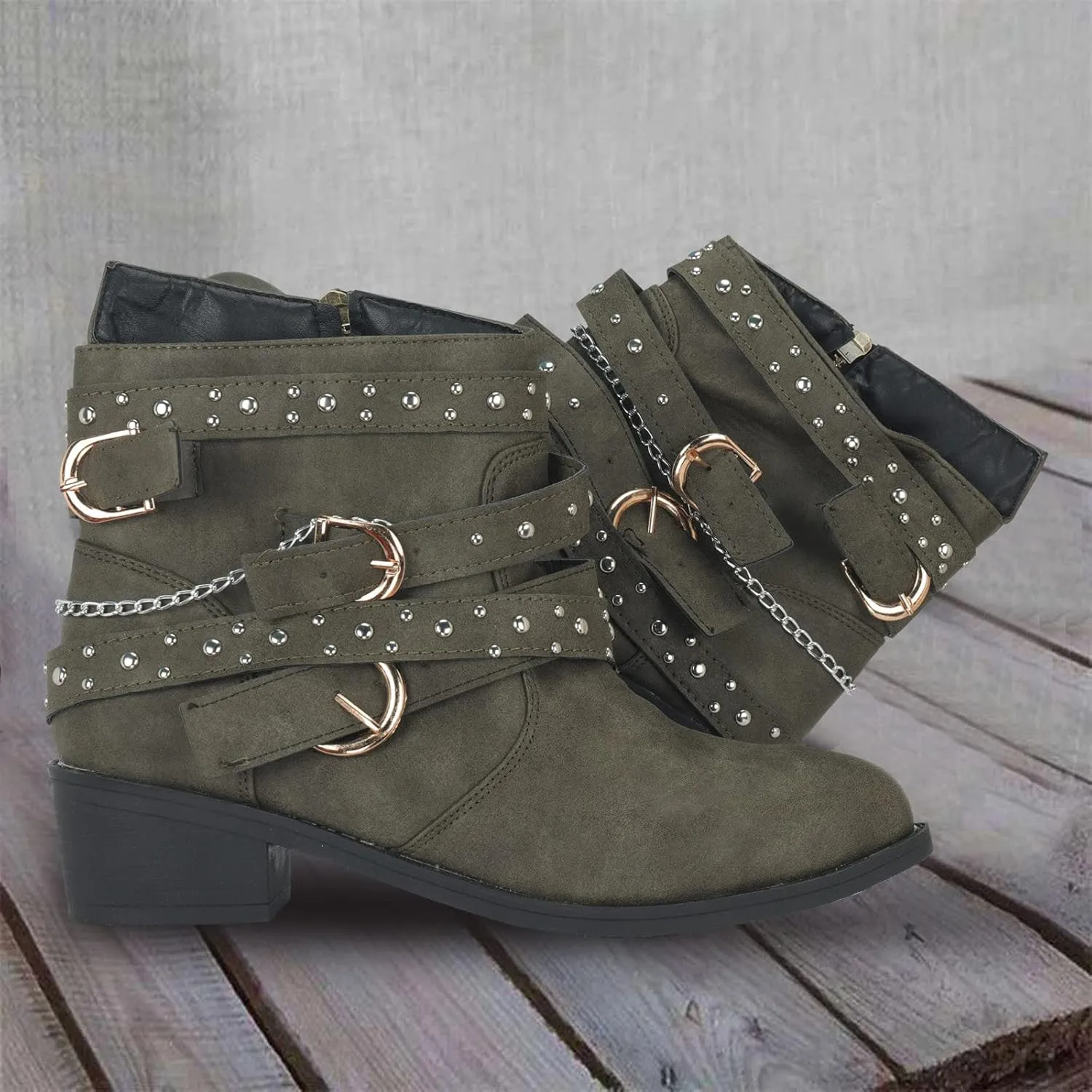 Women's Ankle Boots & Booties Wide Width,Punk Strap Trim Combat Boots Side Zipper Motorcycle Boots Goth Leather Boots