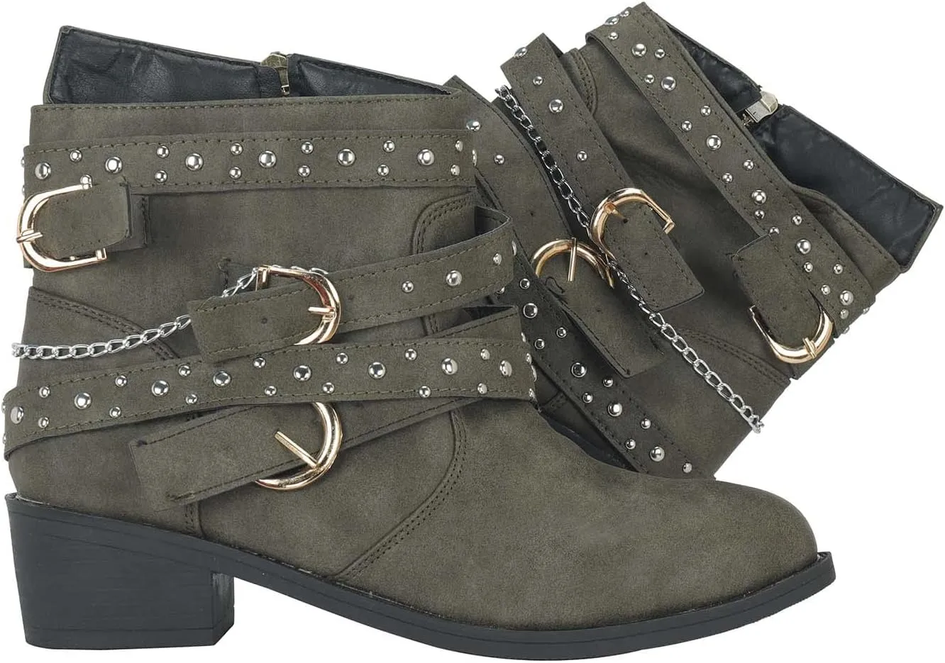 Women's Ankle Boots & Booties Wide Width,Punk Strap Trim Combat Boots Side Zipper Motorcycle Boots Goth Leather Boots