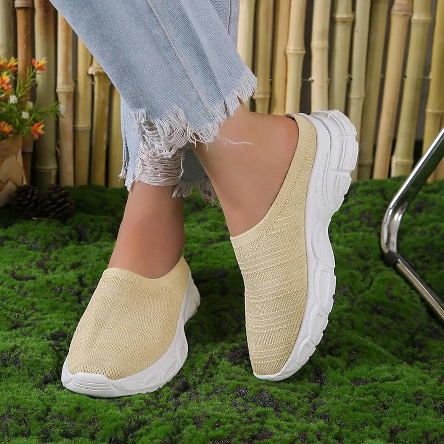 Womens Canvas Slip on Sneakers Walking Tennis Flat Dress Loafers Platform Wedge Mesh Shoes Embroidery Sneakers Casual Clip
