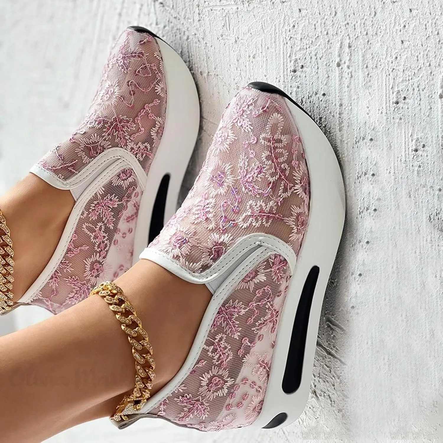 Womens Canvas Slip on Sneakers Walking Tennis Flat Dress Loafers Platform Wedge Mesh Shoes Embroidery Sneakers Casual Close