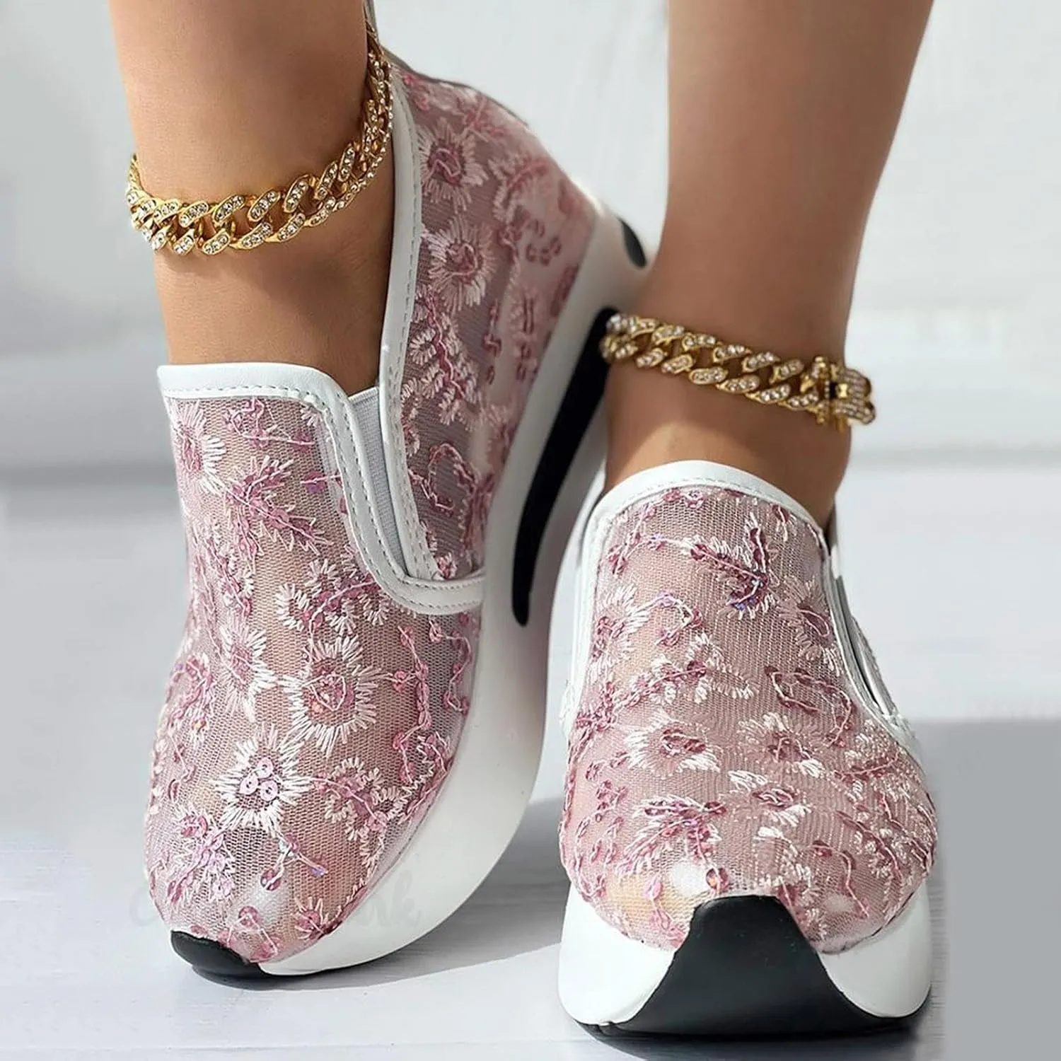 Womens Canvas Slip on Sneakers Walking Tennis Flat Dress Loafers Platform Wedge Mesh Shoes Embroidery Sneakers Casual Close