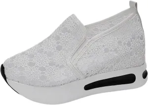 Womens Canvas Slip on Sneakers Walking Tennis Flat Dress Loafers Platform Wedge Mesh Shoes Embroidery Sneakers Casual Close