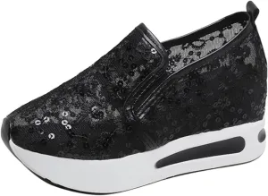 Womens Canvas Slip on Sneakers Walking Tennis Flat Dress Loafers Platform Wedge Mesh Shoes Embroidery Sneakers Casual Outdoor