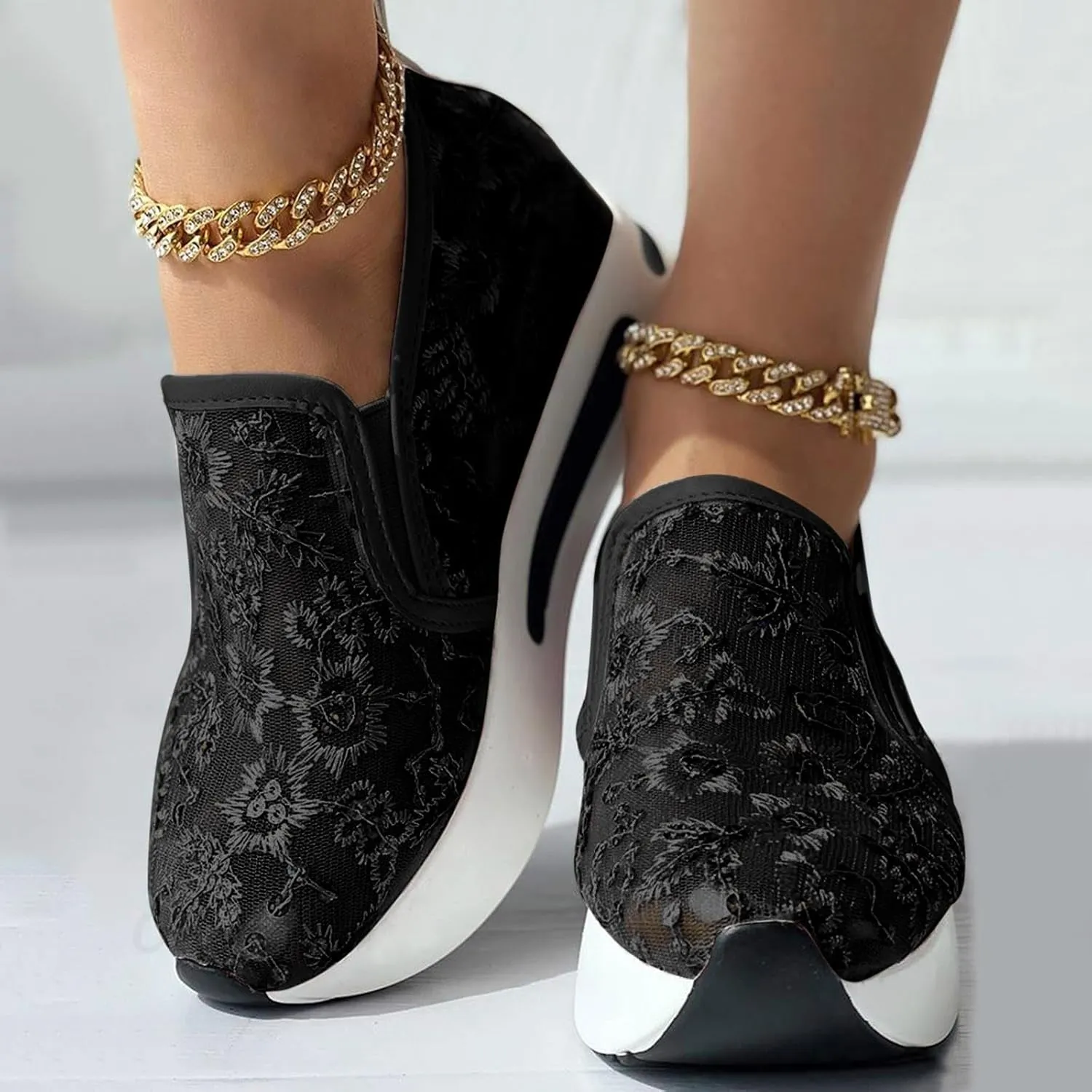 Womens Canvas Slip on Sneakers Walking Tennis Flat Dress Loafers Platform Wedge Mesh Shoes Embroidery Sneakers Casual Outdoor