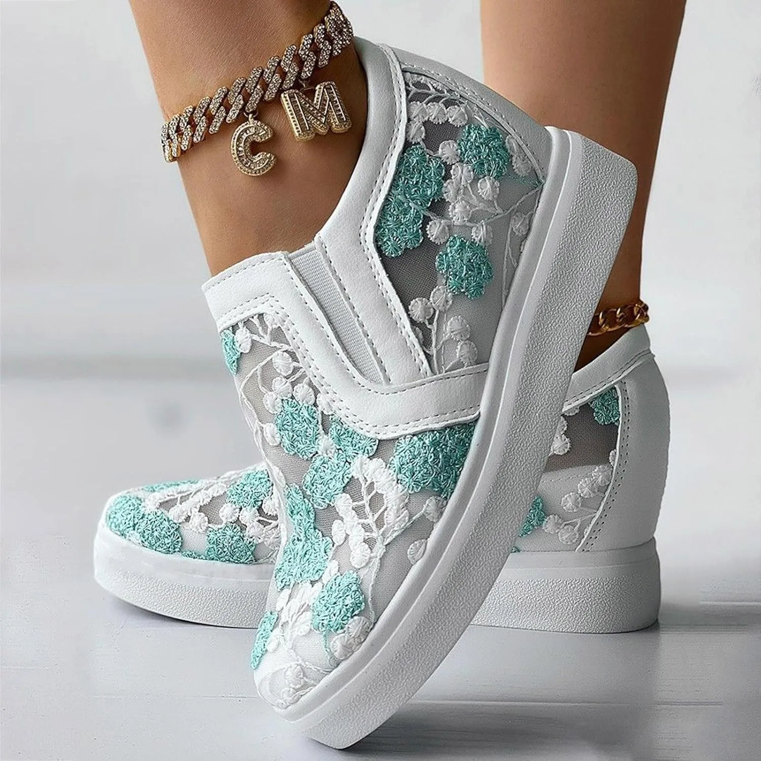 Womens Canvas Slip on Sneakers Walking Tennis Flat Dress Loafers Platform Wedge Mesh Shoes Embroidery Sneakers Casual Slides
