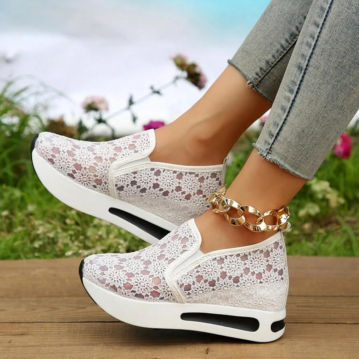 Womens Canvas Slip on Sneakers Walking Tennis Flat Dress Loafers Platform Wedge Mesh Shoes Embroidery Sneakers Casual