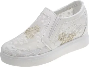 Womens Canvas Slip on Sneakers Walking Tennis Flat Dress Loafers Platform Wedge Mesh Shoes Embroidery Sneakers Casual