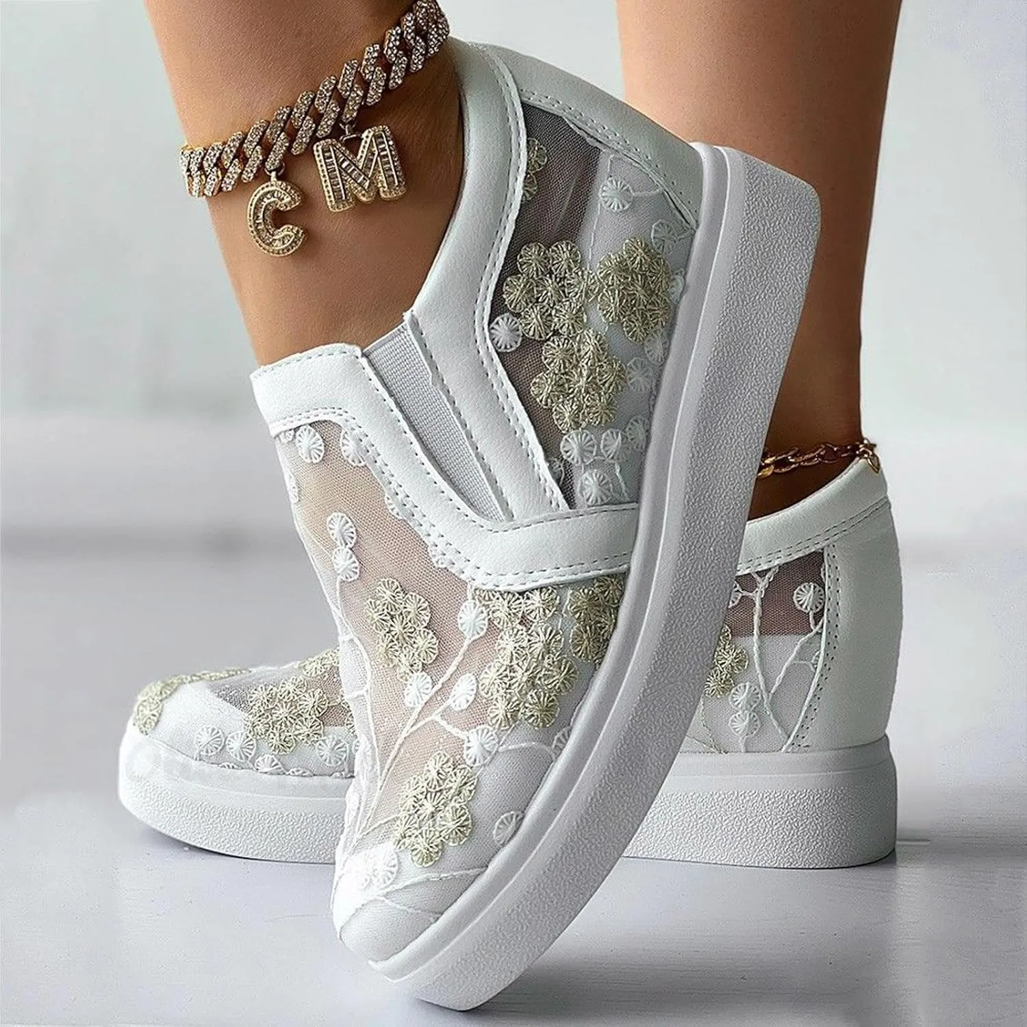 Womens Canvas Slip on Sneakers Walking Tennis Flat Dress Loafers Platform Wedge Mesh Shoes Embroidery Sneakers Casual
