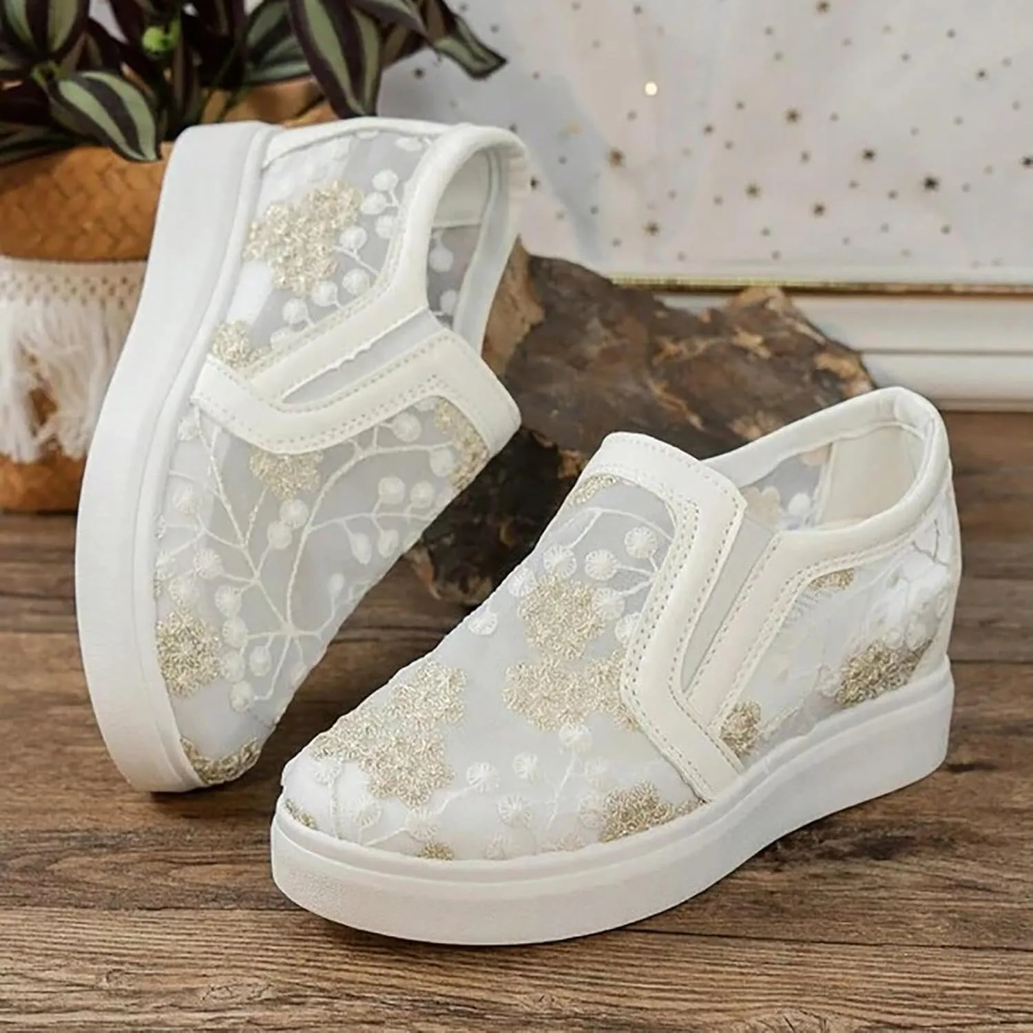Womens Canvas Slip on Sneakers Walking Tennis Flat Dress Loafers Platform Wedge Mesh Shoes Embroidery Sneakers Casual