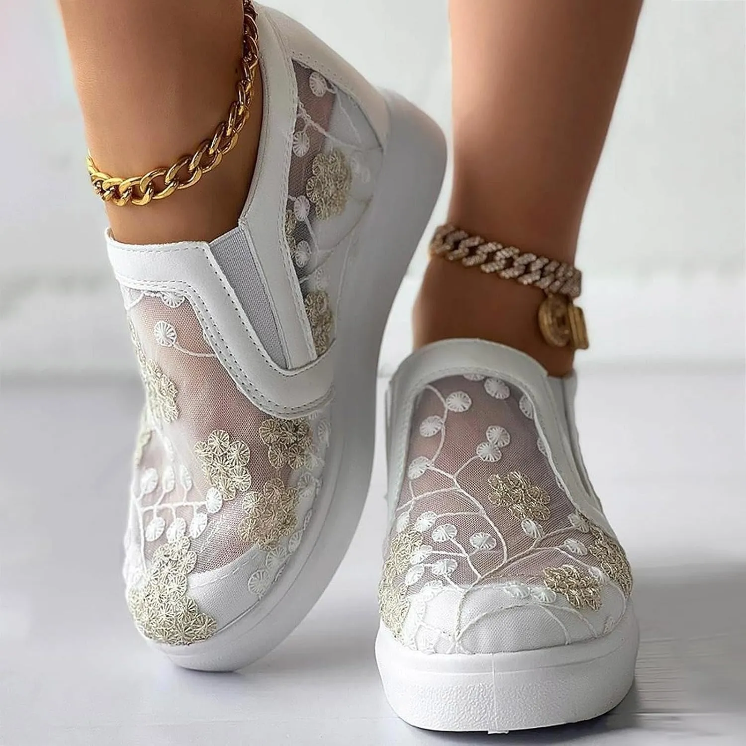 Womens Canvas Slip on Sneakers Walking Tennis Flat Dress Loafers Platform Wedge Mesh Shoes Embroidery Sneakers Casual