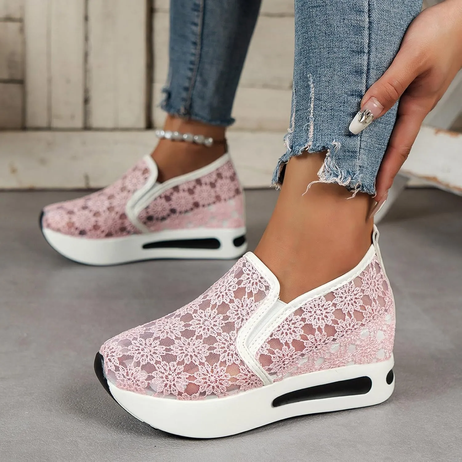 Womens Canvas Slip on Sneakers Walking Tennis Flat Dress Loafers Platform Wedge Mesh Shoes Embroidery Sneakers Casual