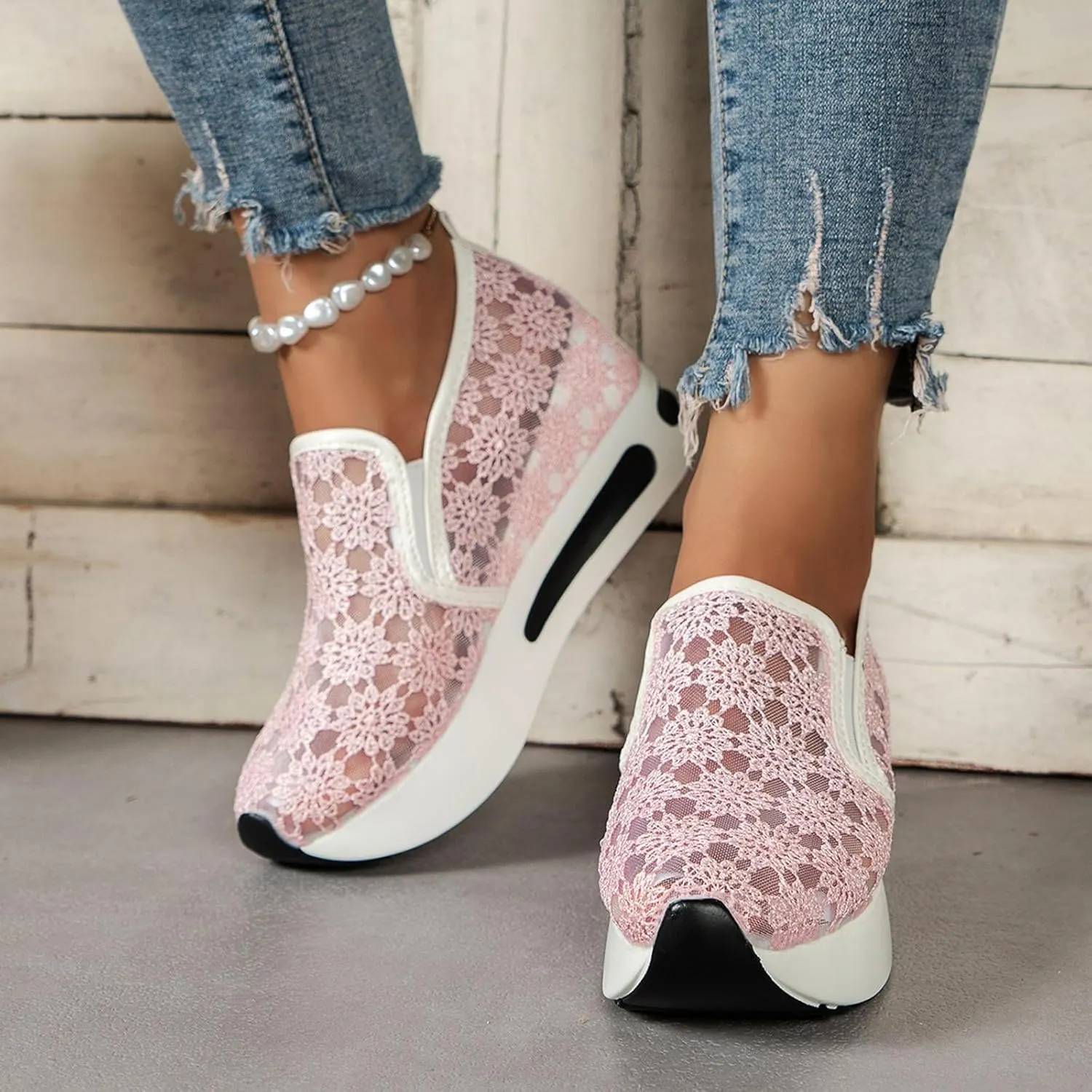 Womens Canvas Slip on Sneakers Walking Tennis Flat Dress Loafers Platform Wedge Mesh Shoes Embroidery Sneakers Casual
