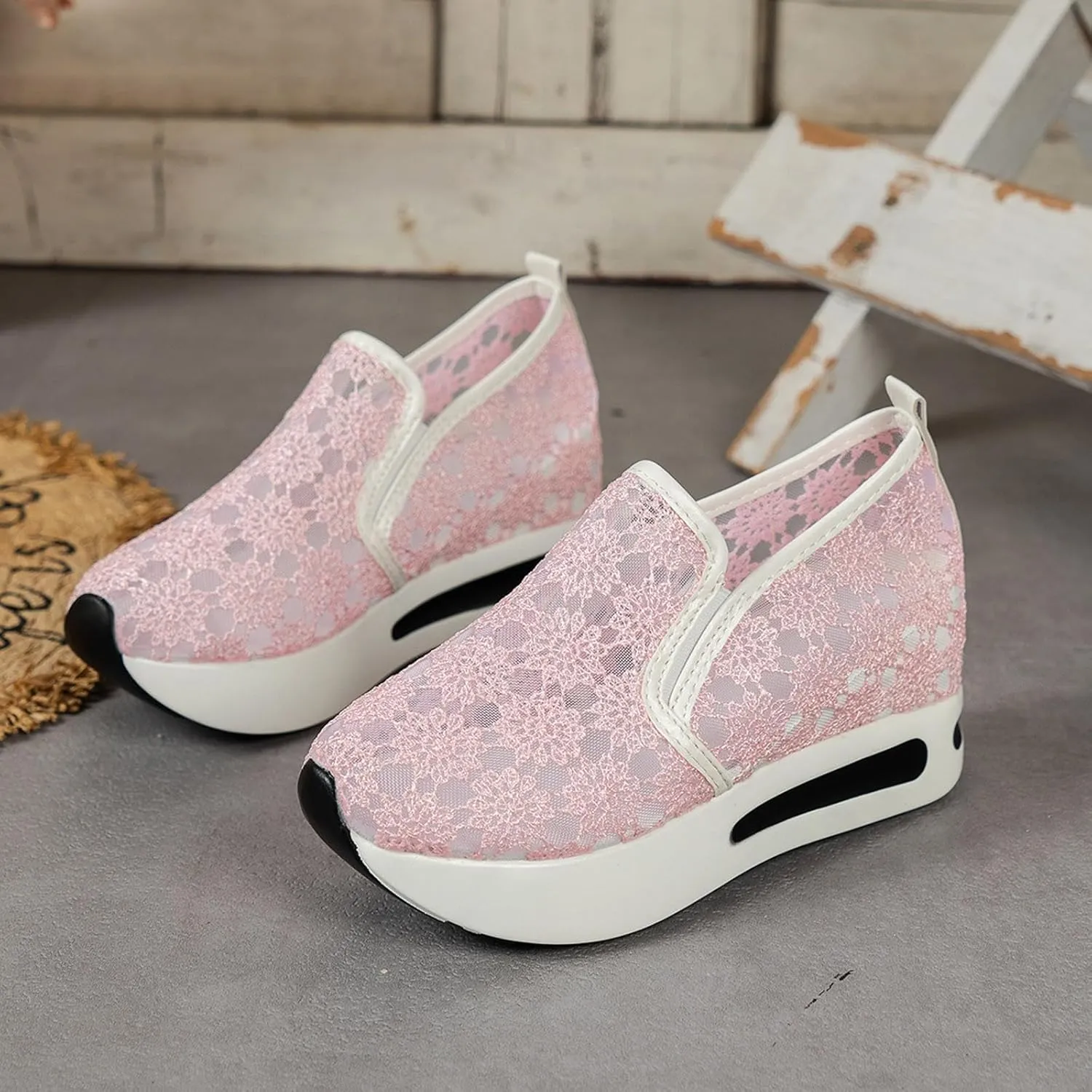 Womens Canvas Slip on Sneakers Walking Tennis Flat Dress Loafers Platform Wedge Mesh Shoes Embroidery Sneakers Casual