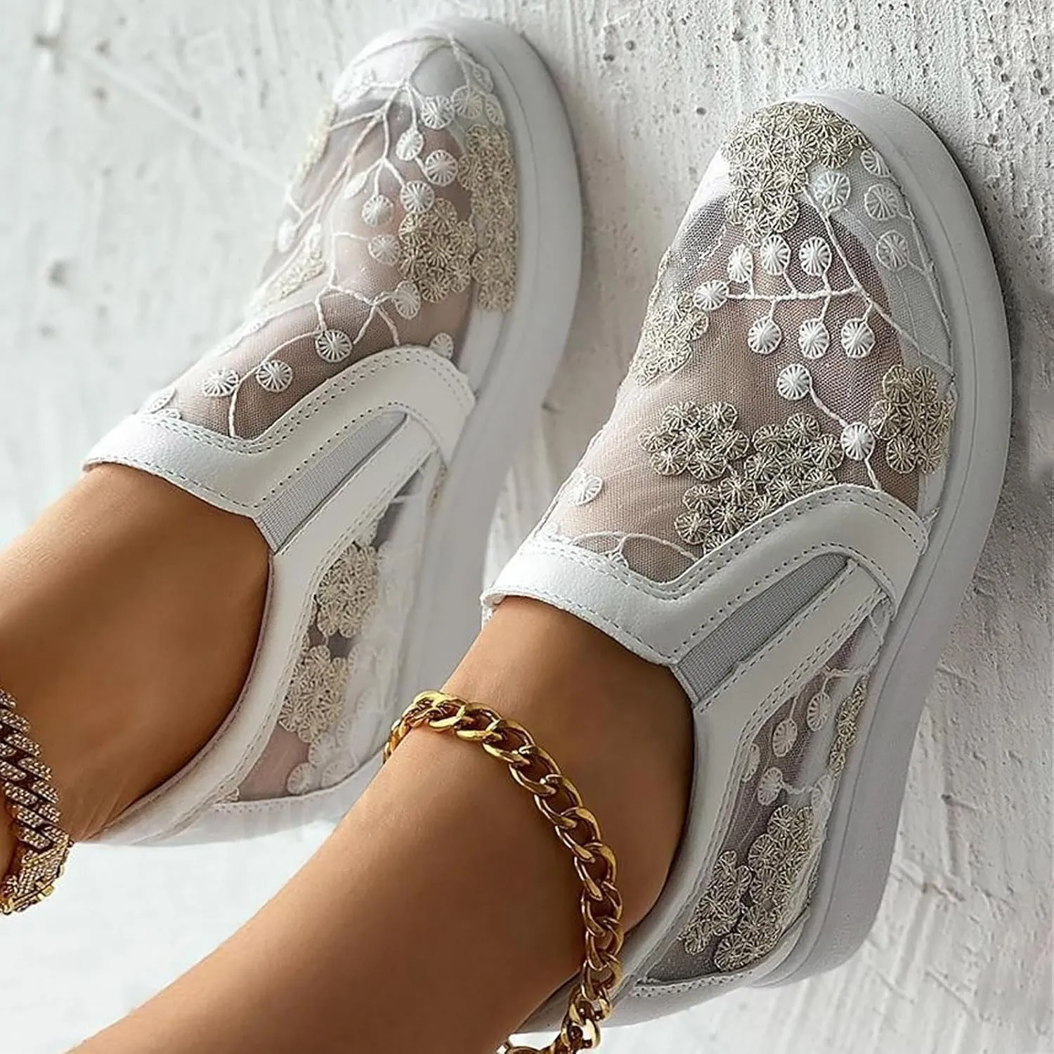 Womens Canvas Slip on Sneakers Walking Tennis Flat Dress Loafers Platform Wedge Mesh Shoes Embroidery Sneakers Casual