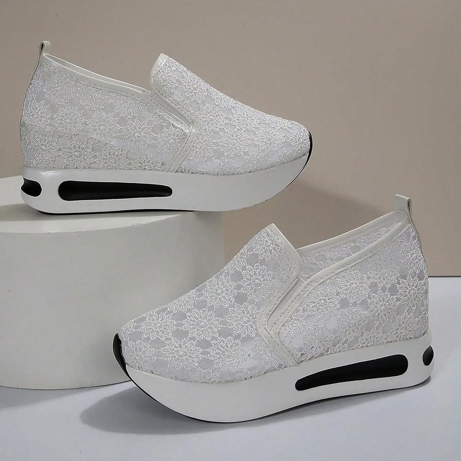 Womens Canvas Slip on Sneakers Walking Tennis Flat Dress Loafers Platform Wedge Mesh Shoes Embroidery Sneakers Casual