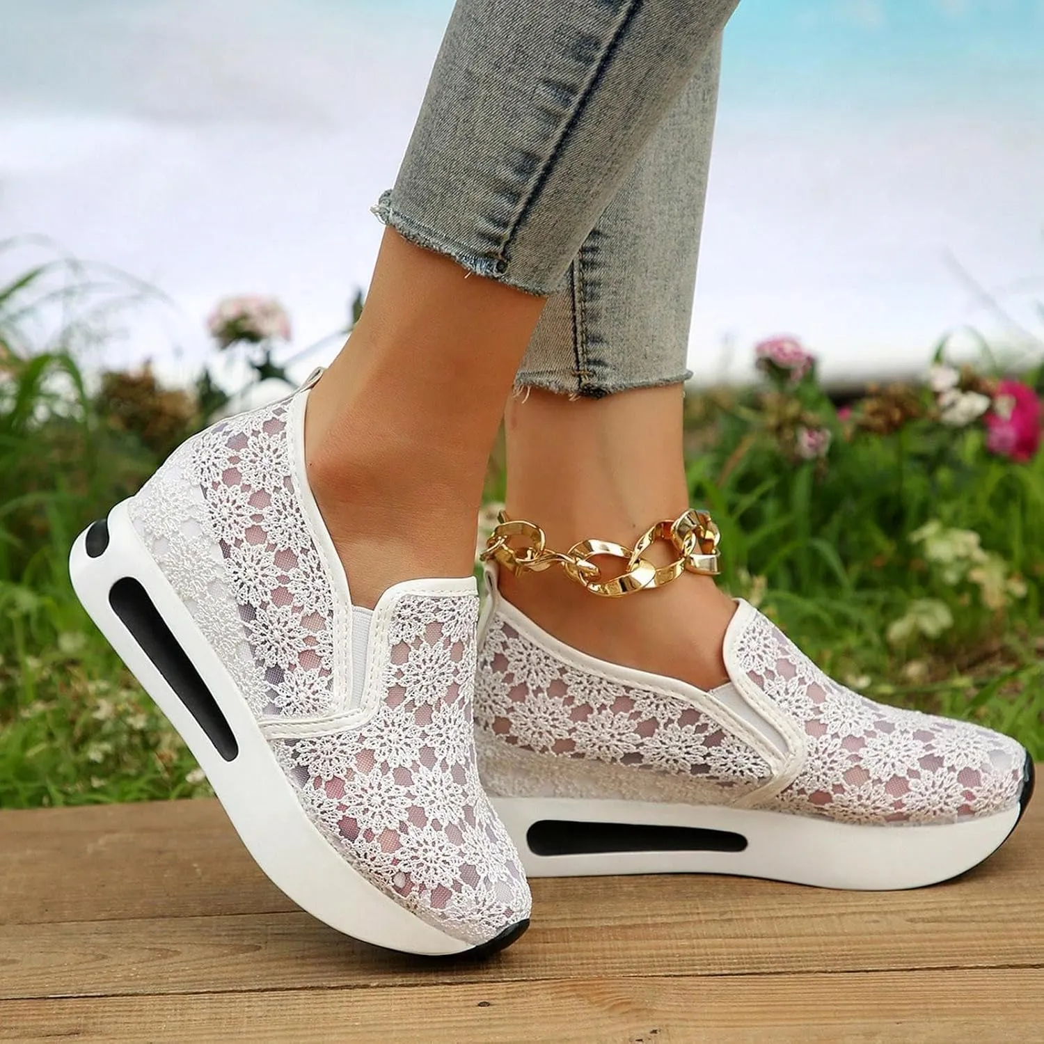 Womens Canvas Slip on Sneakers Walking Tennis Flat Dress Loafers Platform Wedge Mesh Shoes Embroidery Sneakers Casual