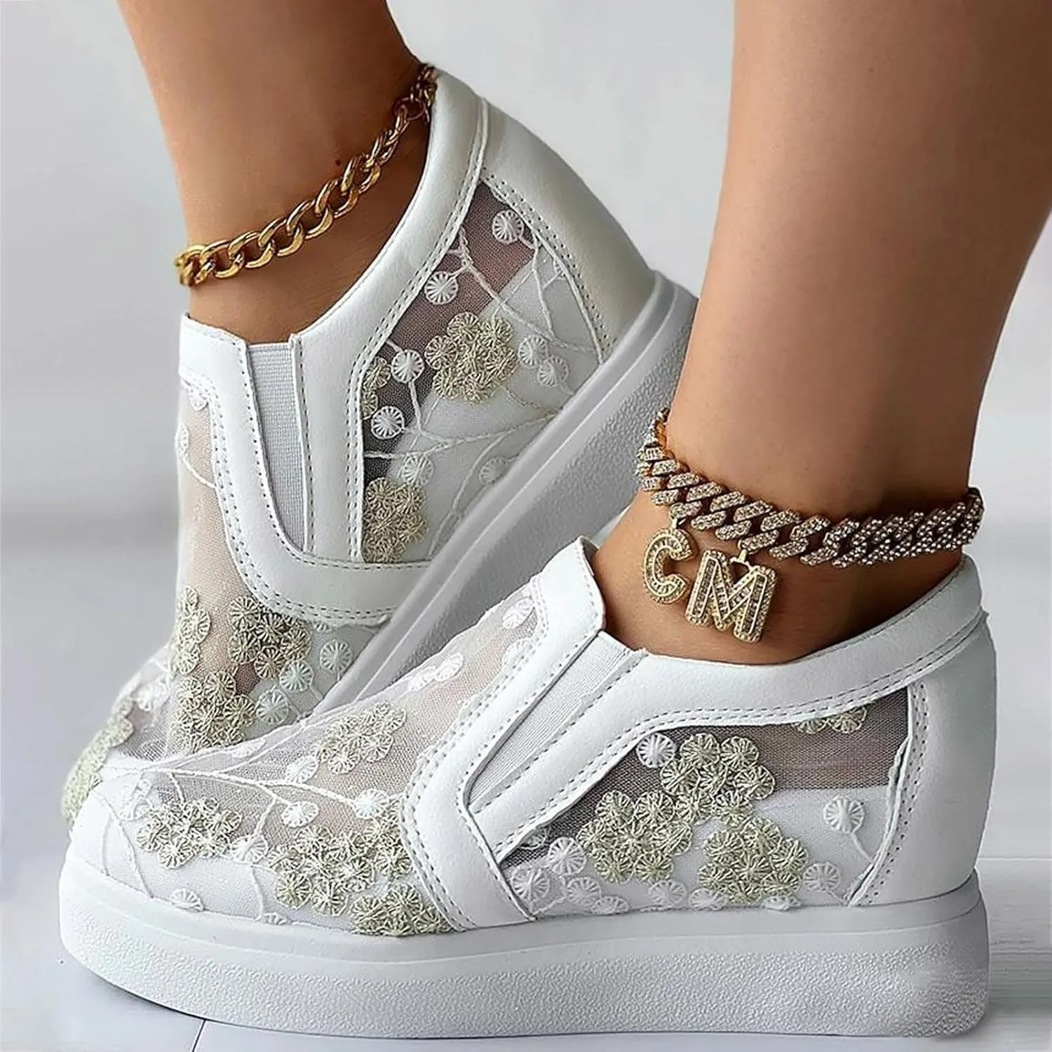 Womens Canvas Slip on Sneakers Walking Tennis Flat Dress Loafers Platform Wedge Mesh Shoes Embroidery Sneakers Casual