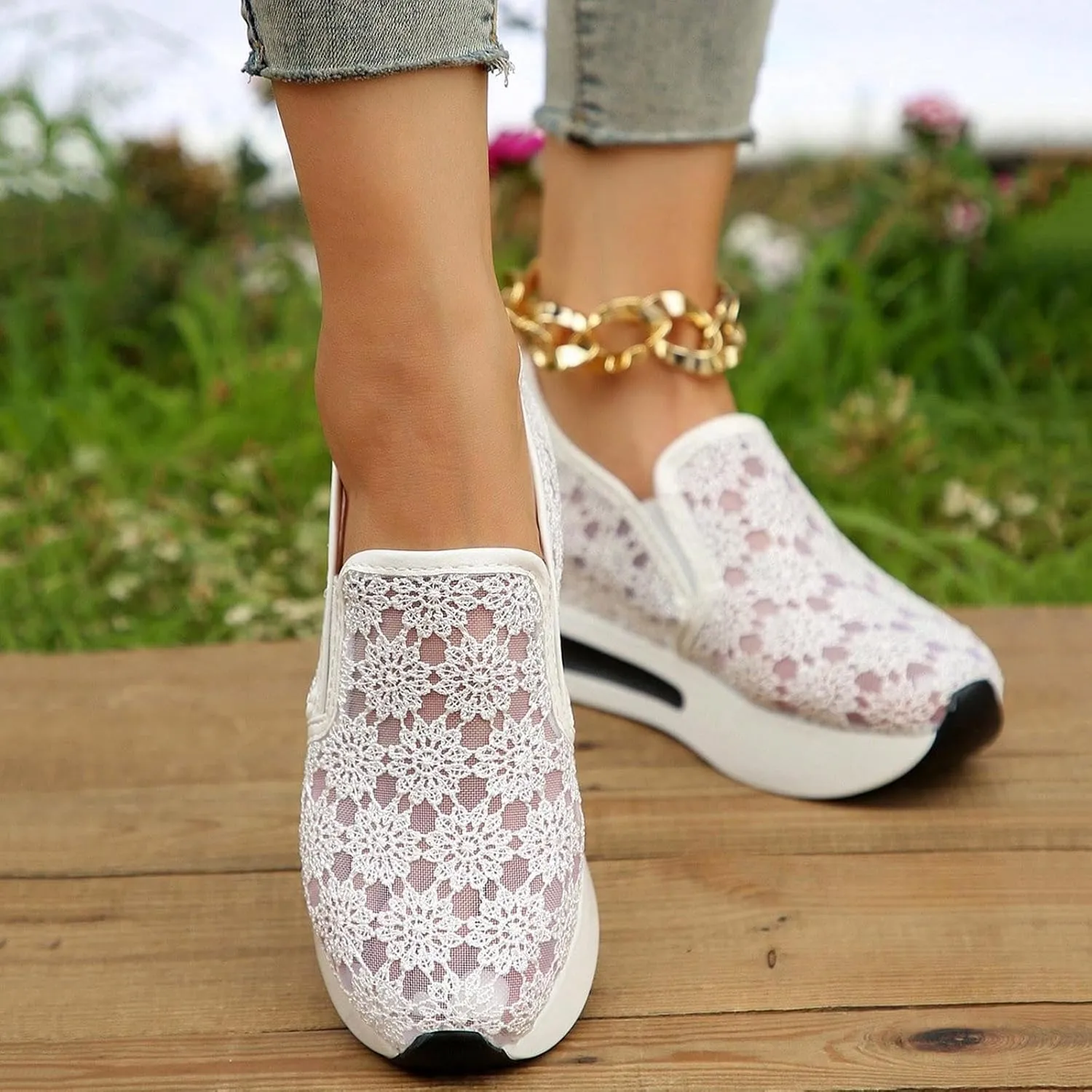 Womens Canvas Slip on Sneakers Walking Tennis Flat Dress Loafers Platform Wedge Mesh Shoes Embroidery Sneakers Casual