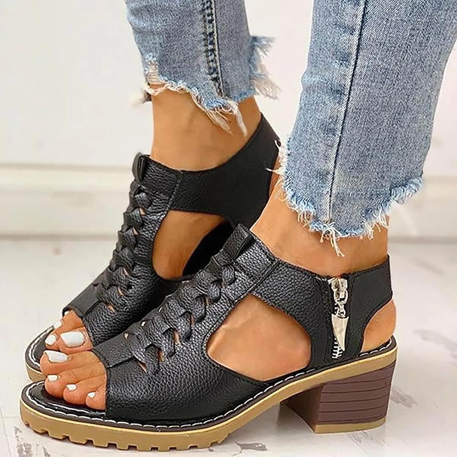 Women's Chunky Block Mid Heels Sandals Women‘s Open Toe Dressy Summer Shoes Zipper Ankle Strap Low Classic Platform Heel Sandal Fashion Wedding Party Dress Straps Comfortable Walking Shoes