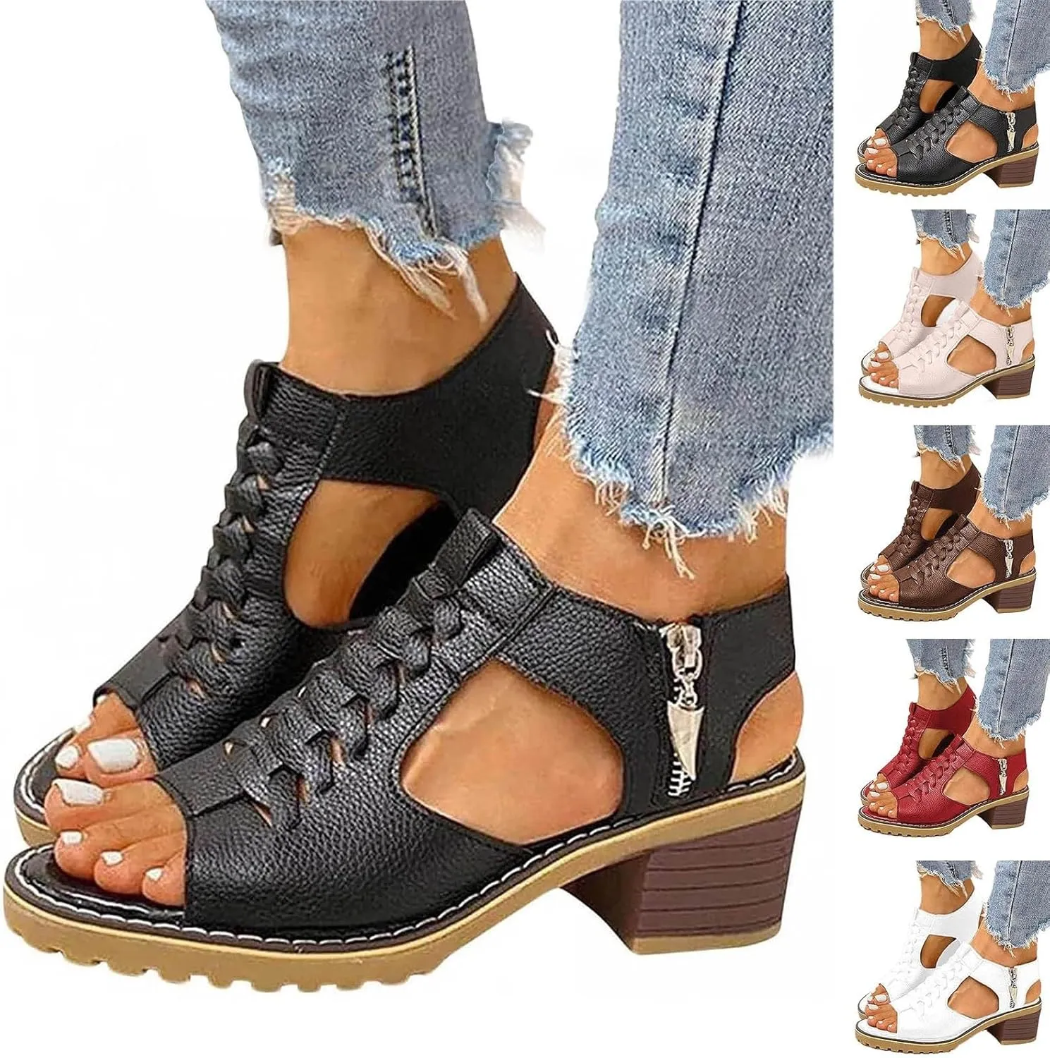 Women's Chunky Block Mid Heels Sandals Women‘s Open Toe Dressy Summer Shoes Zipper Ankle Strap Low Classic Platform Heel Sandal Fashion Wedding Party Dress Straps Comfortable Walking Shoes